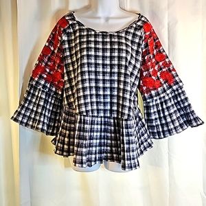 Entro S Plaid Embroidered Top
